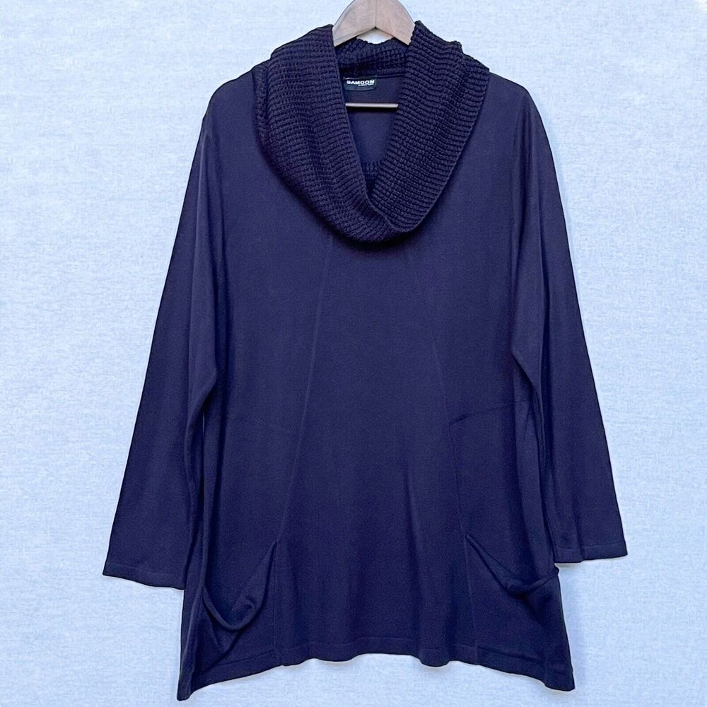 Samoon Tunic Sweater Top Women's Size 18 Deep Eggplant Purple Cowl Neck Pocket‎